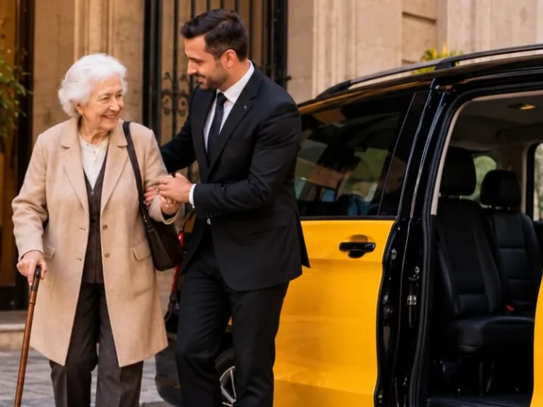 Profesional acompañando del brazo a una señora mayor con bastón hacia un taxi