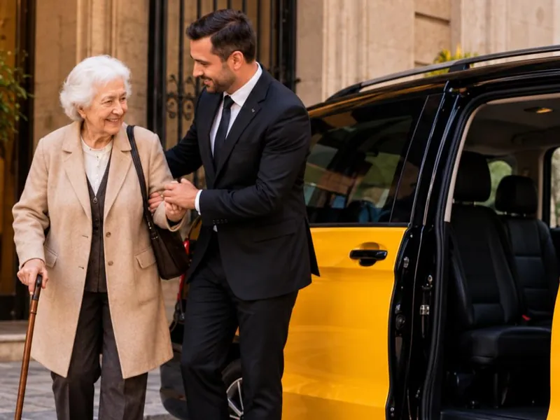 Profesional acompañando del brazo a una señora mayor con bastón hacia un taxi