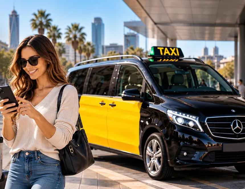 Pasajera sonriente usando el móvil junto a un taxi negro y amarillo