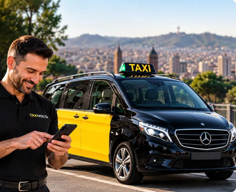 Conductor de Taxi Volta consultando el móvil junto a su taxi, con Barcelona al fondo