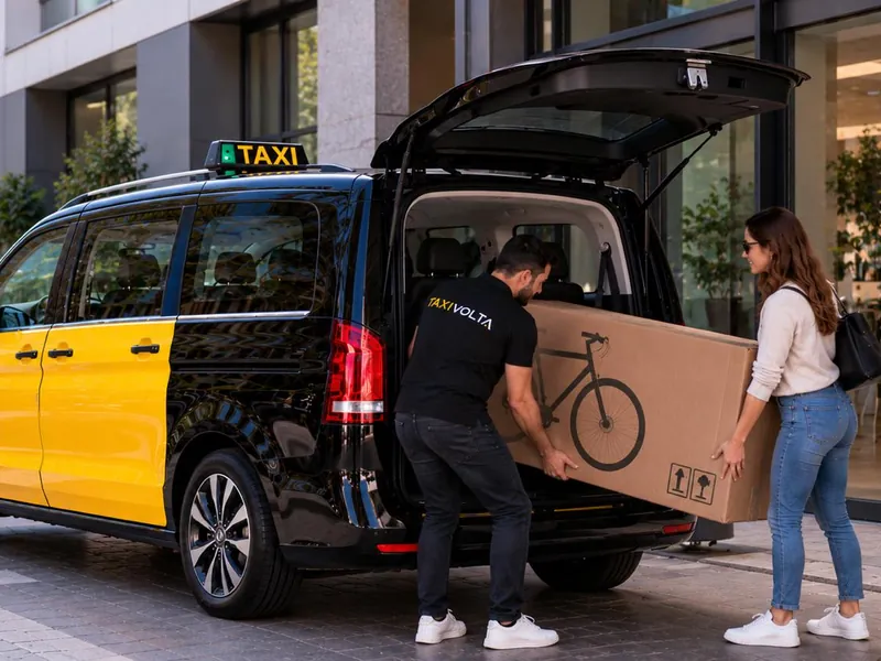 Conductor y pasajera introduciendo una caja de bicicleta embalada por el portón trasero de un taxi