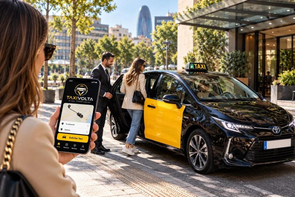 Pasajera con el móvil en la mano mientras otra pasajera sube a un taxi negro y amarillo de Barcelona frente a un edificio, con la Torre Glòries al fondo