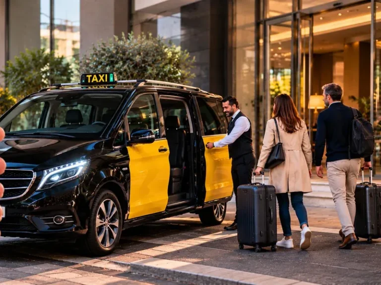 Conductor abriendo la puerta de un taxi negro y amarillo frente a un hotel mientras dos pasajeros llegan con maletas