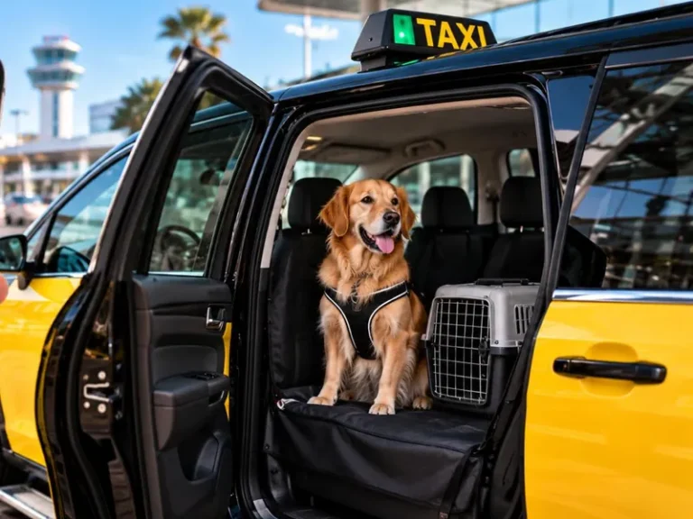 Perro con arnés sentado en el asiento trasero de un taxi, junto a un transportín