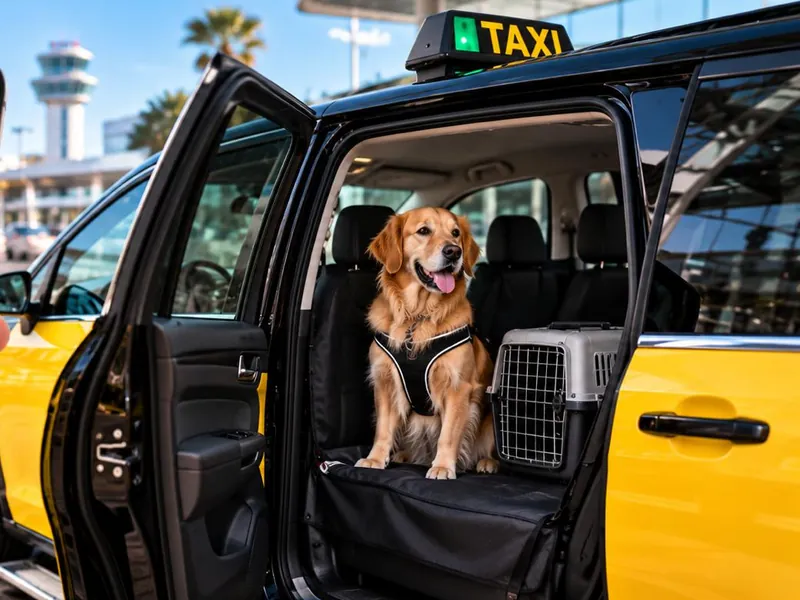 Perro con arnés sentado en el asiento trasero de un taxi, junto a un transportín