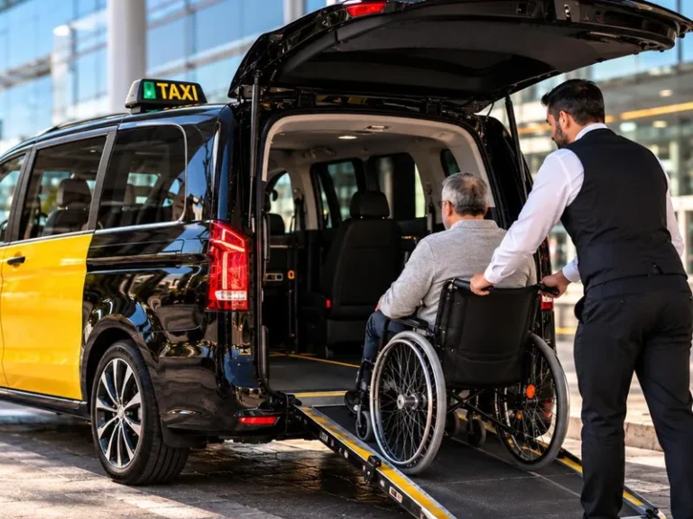 Conductor ayudando a un pasajero en silla de ruedas a subir por la rampa trasera de un taxi adaptado